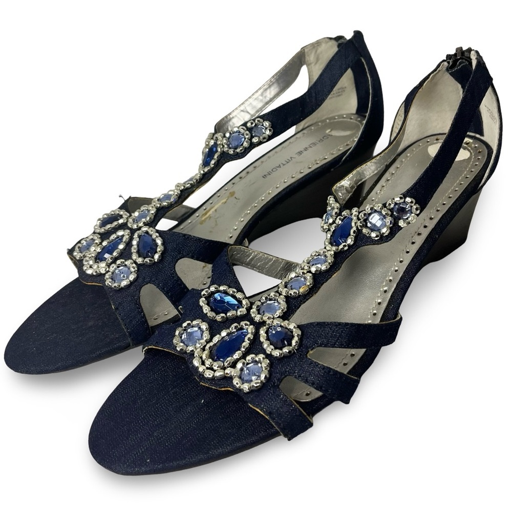 Adrienne Vittadini Navy Blue Linen Jeweled Kitten Wedge Sandals Size 8